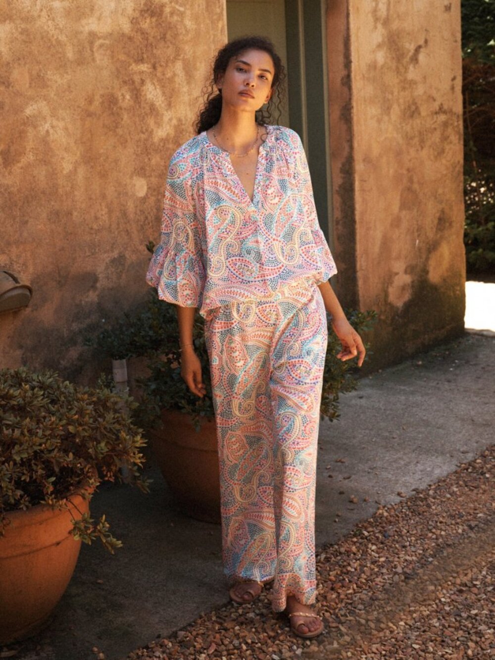 NRBY 100% Silk Star Paisley Set Ophelia Shirt Thea Pants Ivory S